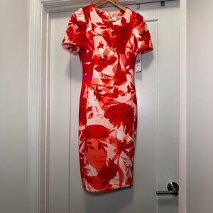 🩷🧡 NWT! Pink, Orange, & White CALVIN KLEIN Floral Scuba Sheath Dress - Size 10
